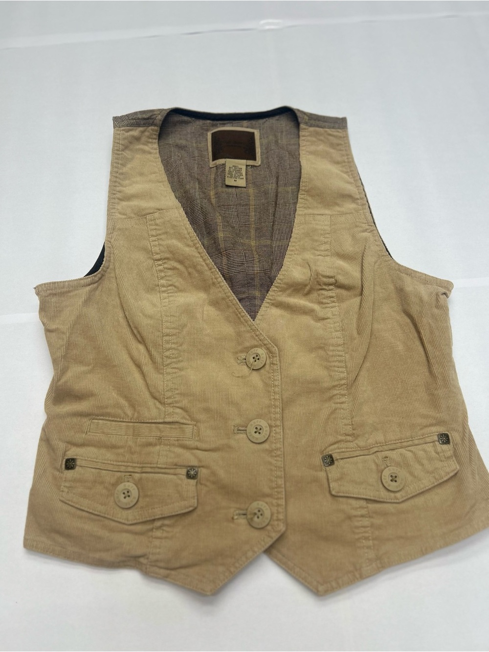 Ruff Hewn Well Worn Tan Corduroy Plaid Lined Waistcoat Vest Size M
